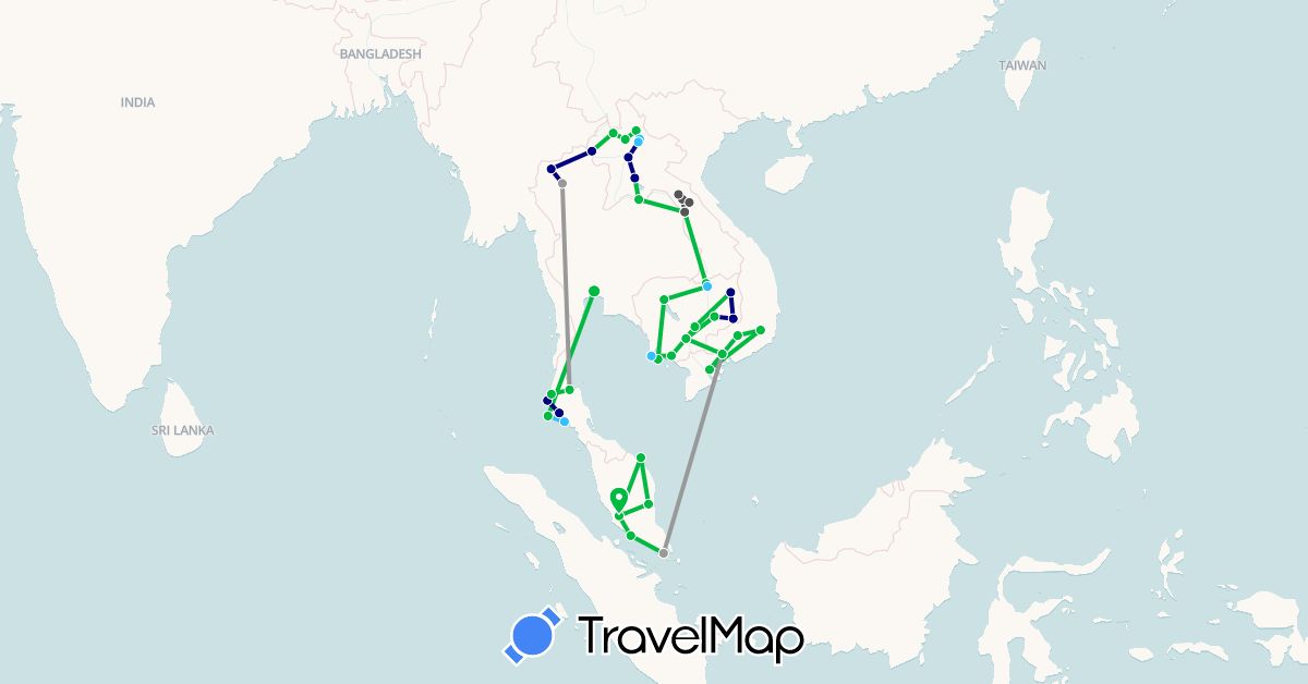 TravelMap itinerary: driving, bus, plane, boat, motorbike in Cambodia, Laos, Malaysia, Singapore, Thailand, Vietnam (Asia)
